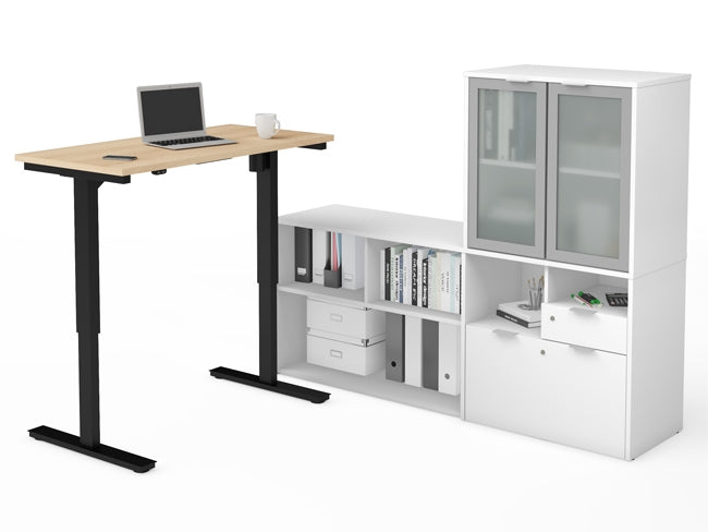 160886 Height Adjustable L-Desk w/Glass Door Hutch, i3 Plus Collection