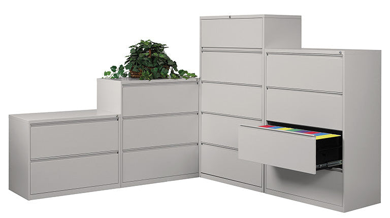 Assorted commercial-grade metal lateral file cabinets in professional offices for secure document storage