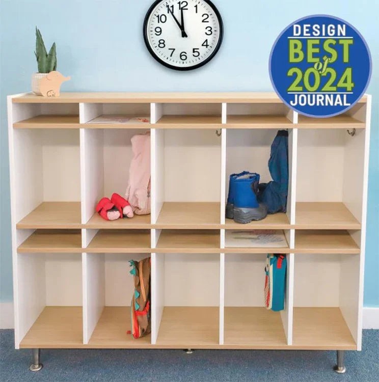 WB1996 - elevatED™ Ten Section Compact Coat Locker by Whitney Bros features 10 vertical cubbies with hooks and top compartments for preschool storage needs.