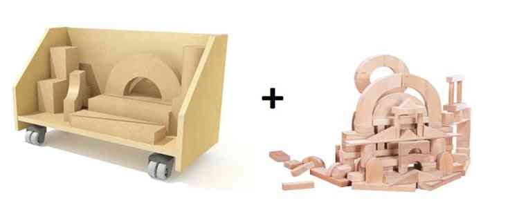 WB4375 - Block Cart with Building Block Set by Whitney Bros includes a birch plywood cart and 75-piece wooden beginner blocks for toddlers.