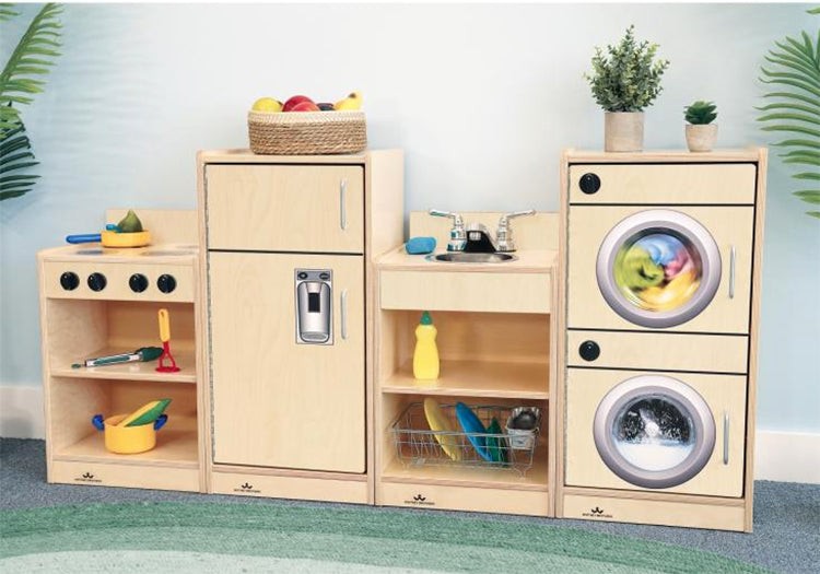 WB2070 - Play Toddler Kitchen Ensemble with stove, fridge, sink, and washer in natural wood finish for preschool pretend play furniture setup.