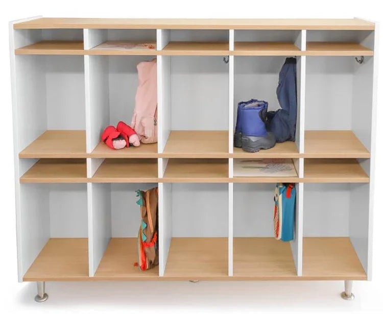WB1996 - elevatED™ Ten Section Compact Coat Locker by Whitney Bros with 10 vertical cubbies and upper compartments for preschool storage use.