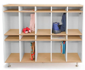 WB1996 - elevatED™ Ten Section Compact Coat Locker by Whitney Bros with 10 vertical cubbies and upper compartments for preschool storage use.