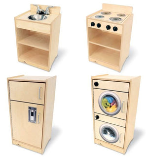 Individual units of WB2070 - Play Toddler Kitchen Ensemble including sink, stove, fridge, and washer, designed for preschool pretend play.