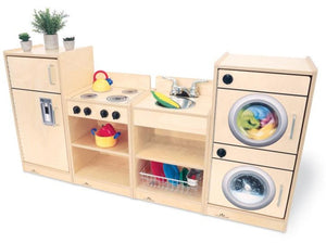 WB2070 - Play Toddler Kitchen Ensemble with realistic stove, sink, fridge, and washer, perfect for preschool classroom pretend play furniture.
