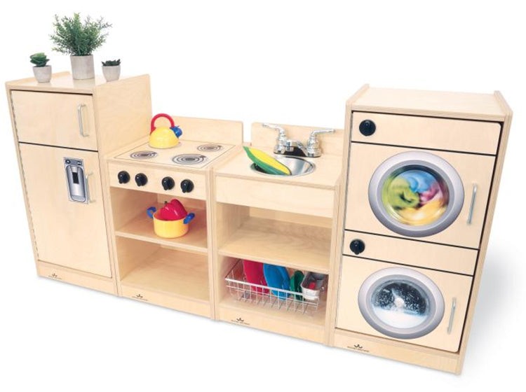 WB2070 - Play Toddler Kitchen Ensemble with realistic stove, sink, fridge, and washer, perfect for preschool classroom pretend play furniture.