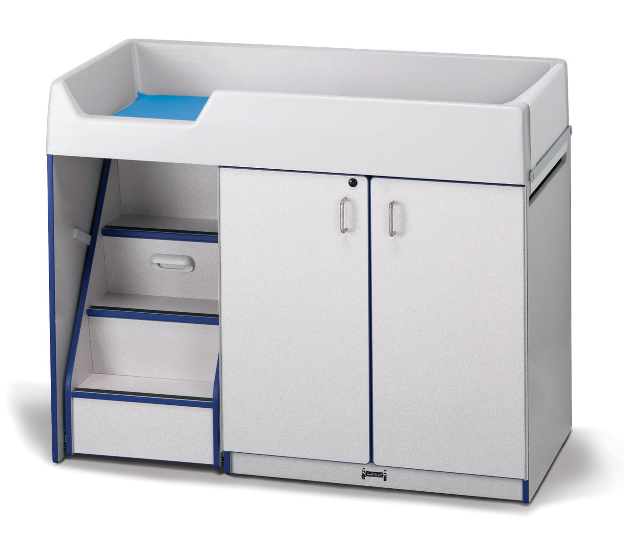 Jonti-Craft Rainbow Accents changing table with lockable pull-out stairs and freckled gray laminate finish