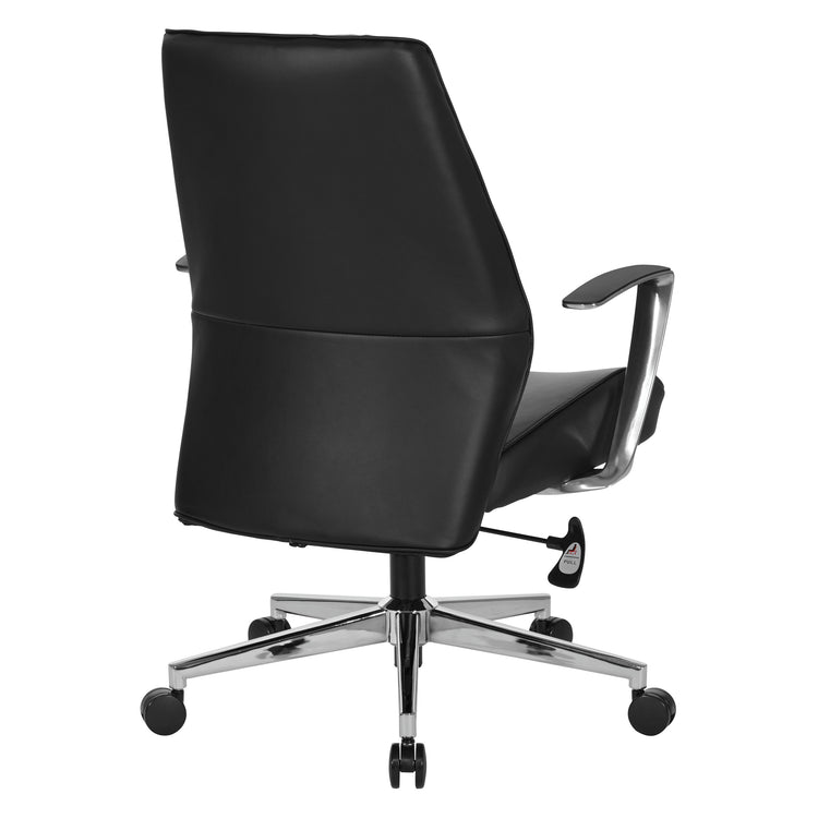 angled back view of OSP Modern Mid Back Dillon Office Chair with Padded Aluminum Arms & Chrome Base