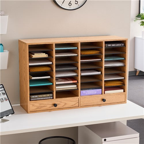 9494 - Wood Adjustable Literature Organizer, 32 Comp W/Drawers by Safco