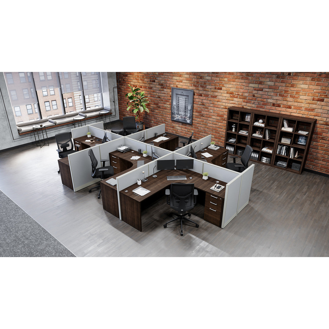 OSTYP308 - OS Laminate L Shaped Desk w/ Inner Curve & Wall Mounted Glass Door Hutch