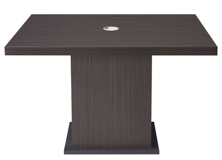 BA404 Bravo modern conference table with black conference chairs, angled view