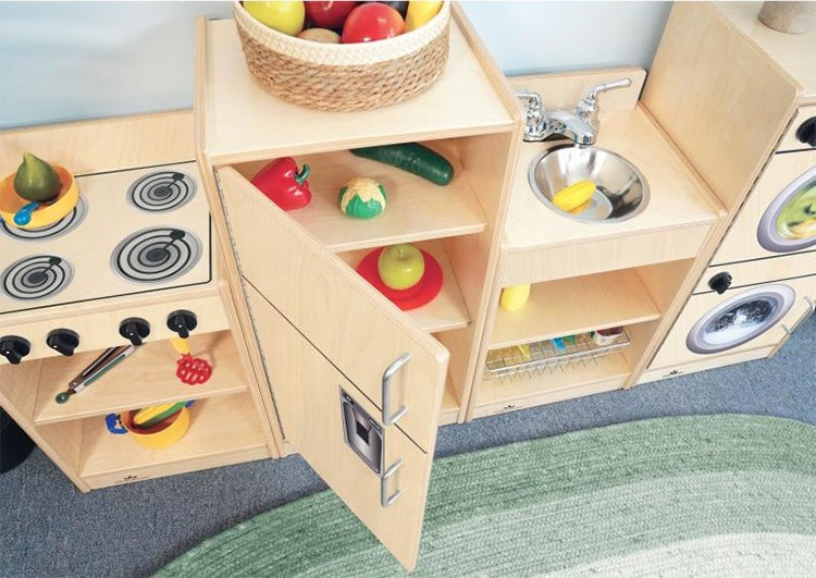 Top view of WB2070 - Play Toddler Kitchen Ensemble showing toy food in fridge and sink area, ideal for preschool pretend play environments.