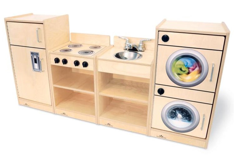 Complete WB2070 - Play Toddler Kitchen Ensemble featuring four wooden units for imaginative preschool pretend play kitchen setup.