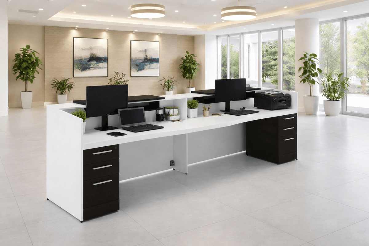 Inside view of Corp Design Potenza dual reception desk showing elevated monitor shelves and smart, clutter-free layout.
