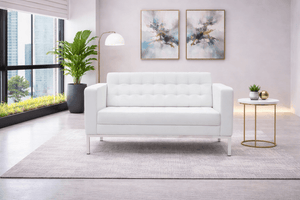 Modern white leather tufted loveseat with metal legs