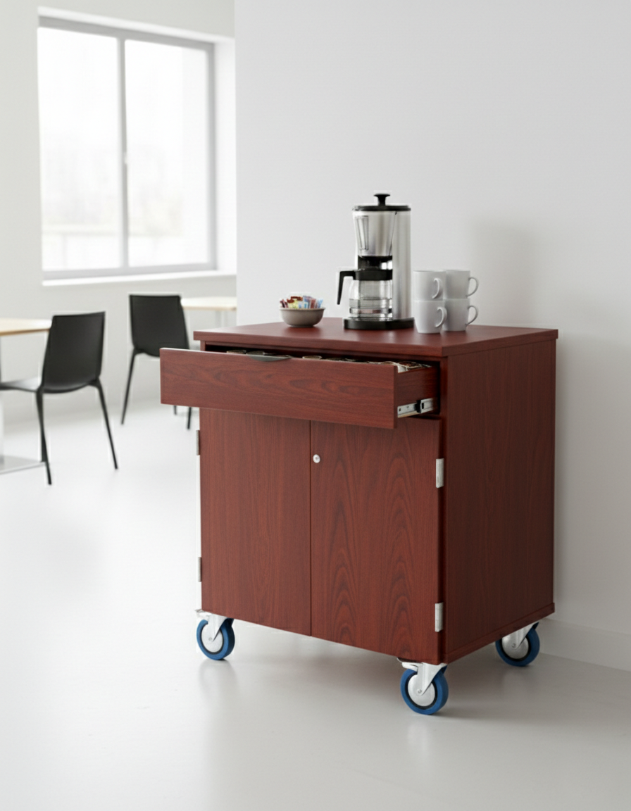 Candex Deluxe Wood Heavy-Duty Mobile Storage Cabinet W/ Drawer used as a food cart