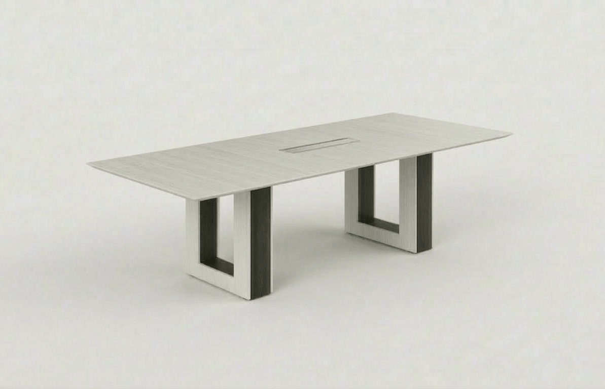 Modern 8ft conference table with open-frame pedestal bases in Blanco color