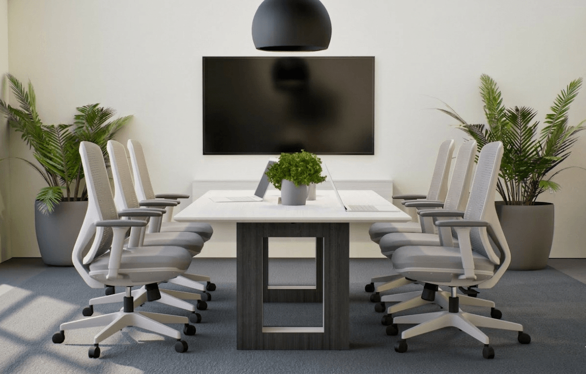 Modern 8ft conference table with open-frame pedestal bases in a boardroom