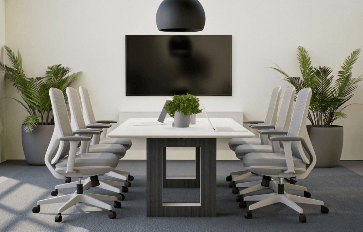 Modern 8ft conference table with open-frame pedestal bases in a boardroom