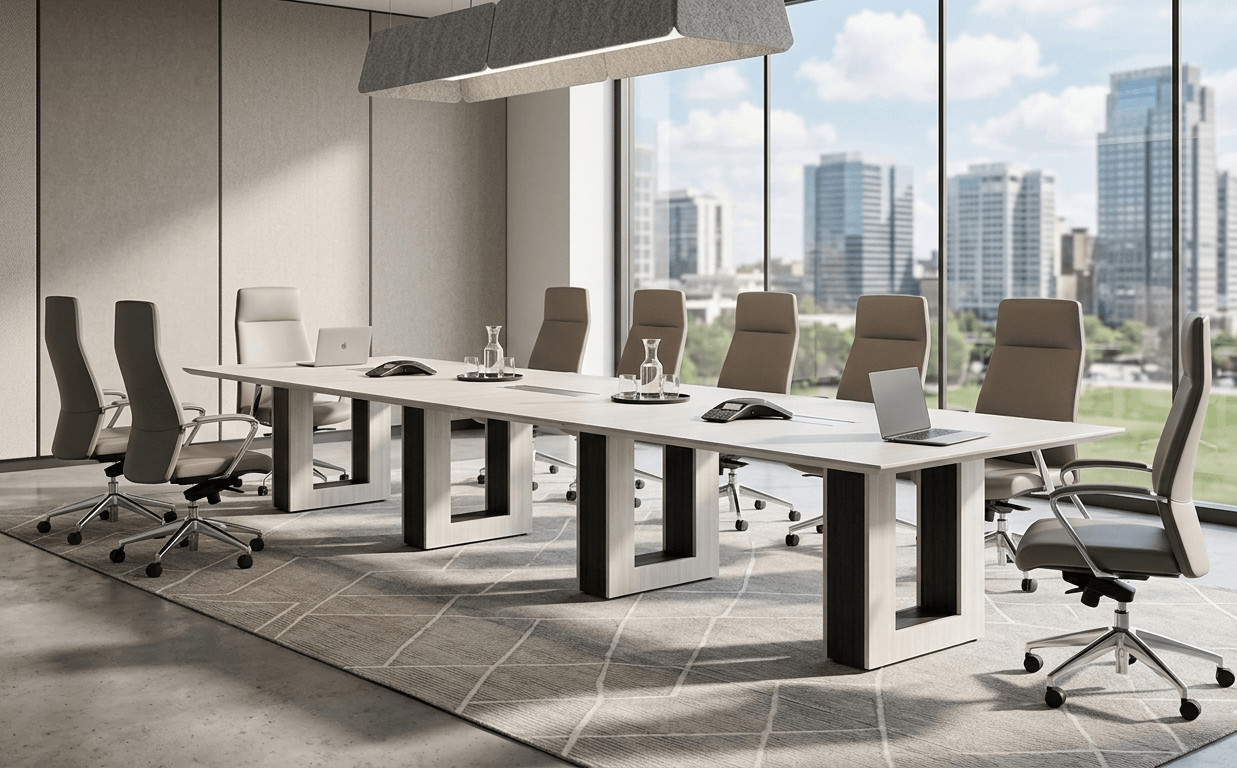 12ft Potenza conference table in a modern boardroom with knife-edge top and halo bases