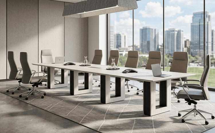 12ft Potenza conference table in a modern boardroom with knife-edge top and halo bases