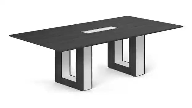 Modern grey 8ft conference table with open-frame pedestal bases 