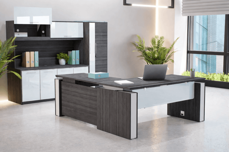 Modern height adjustable L shaped office desk with glass accents and matching storage wall unit