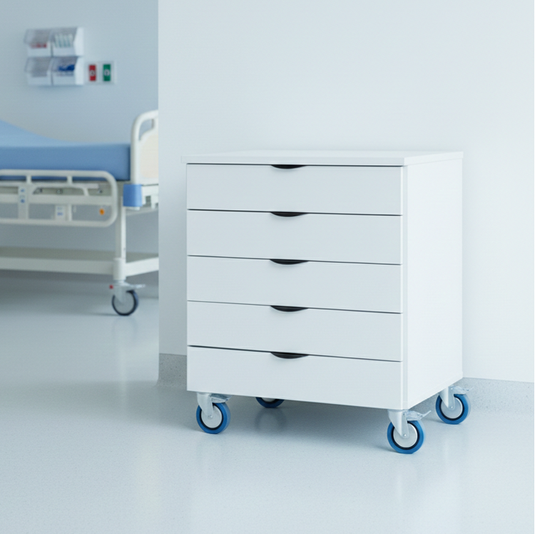 White medical cabinet with drawers in a hospital room