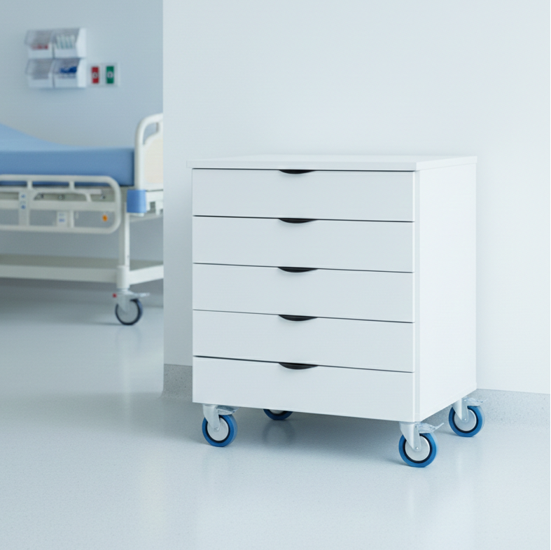 White medical cabinet with drawers in a hospital room