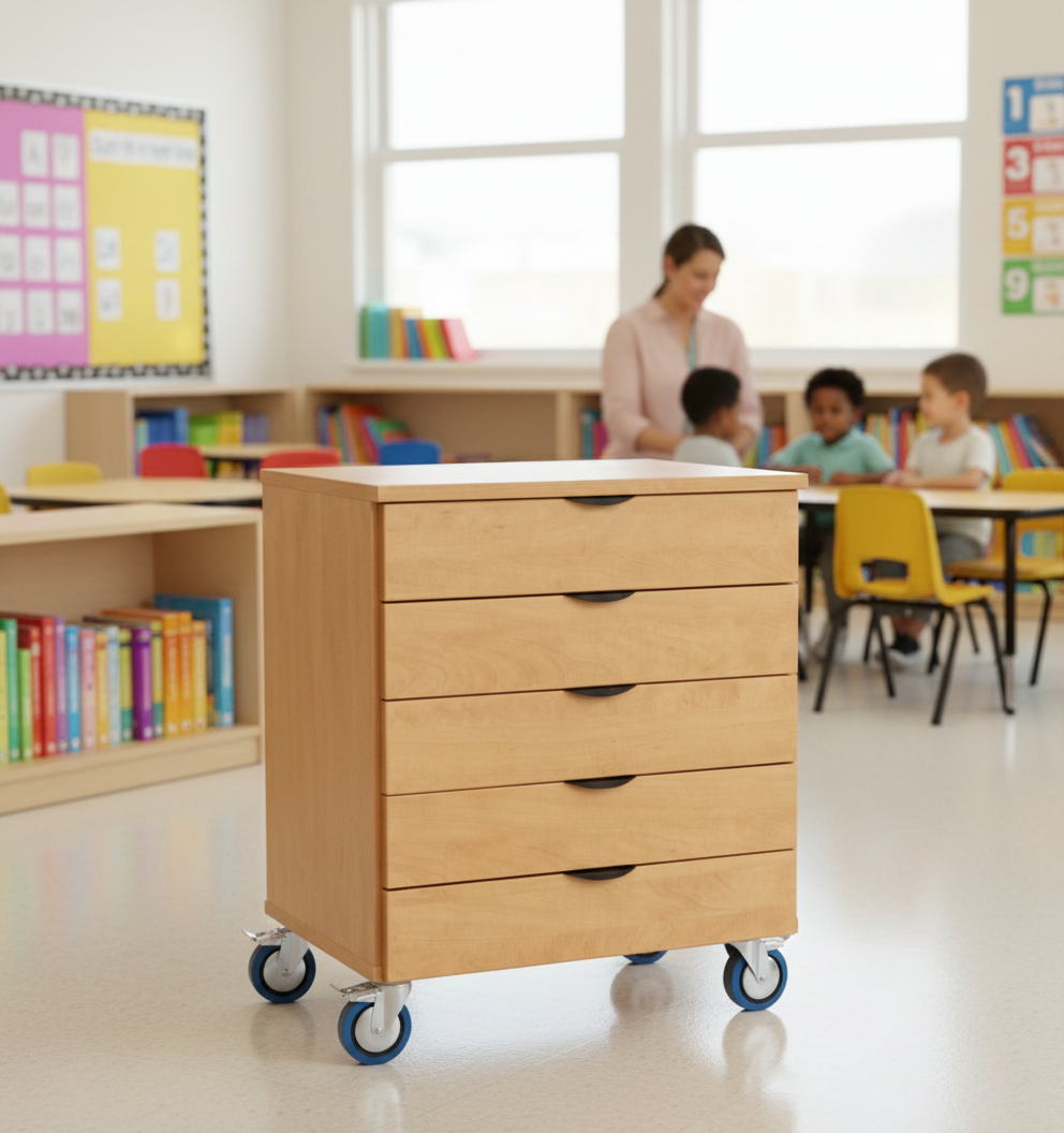 heavy duty mobile wooden storage unit on wheels in a classroom setting 