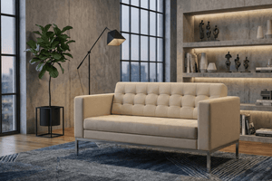 Sand-colored tufted sofa with a sleek, contemporary design and metal legs