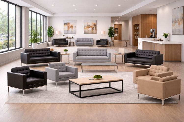 Classy layout for a modern office waiting area with black, gray, and beige leather tufted sofas