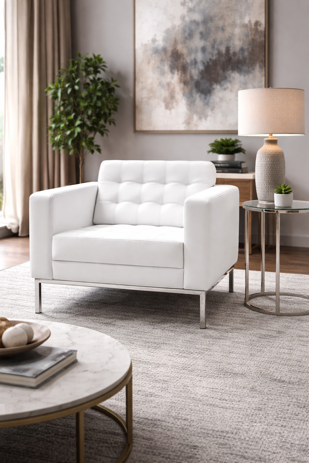 Tufted sofa with chrome legs in a modern living room