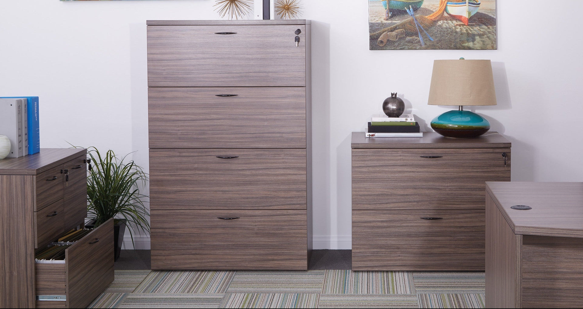 Assorted commercial-grade wooden lateral file cabinets in professional executive offices for organized document storage