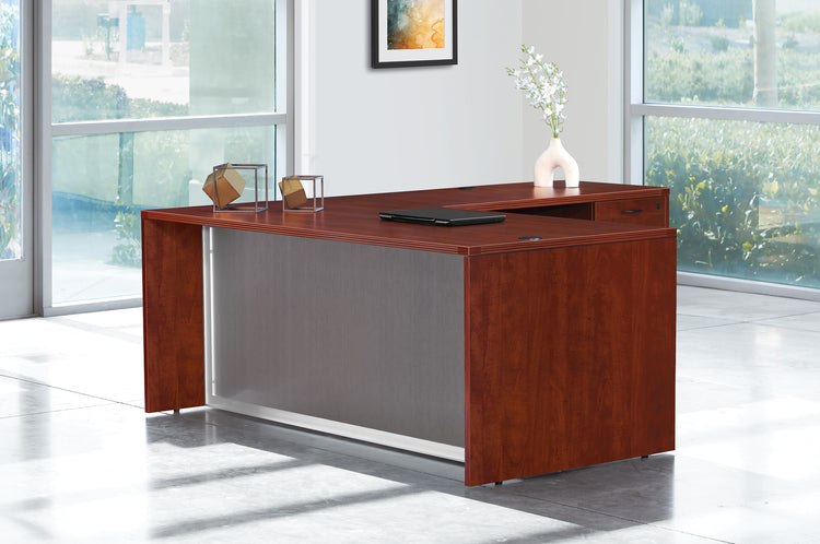 OSP Napa executive L shaped desk with glass modesty panel in Cherry