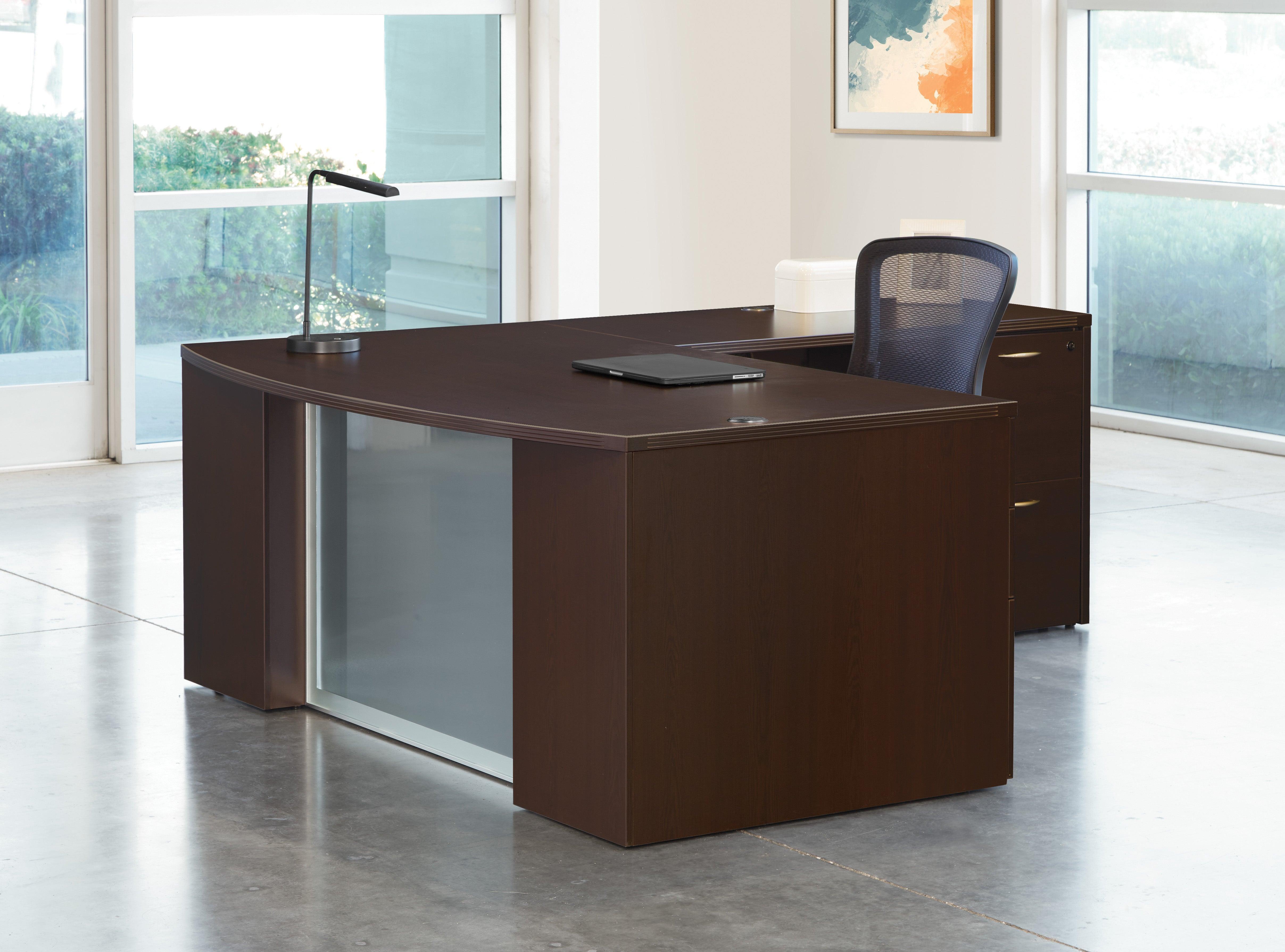 NAPTYP208G - Napa 'L' Shape Bow Top Glass Modesty Step-Front Desk by OSP