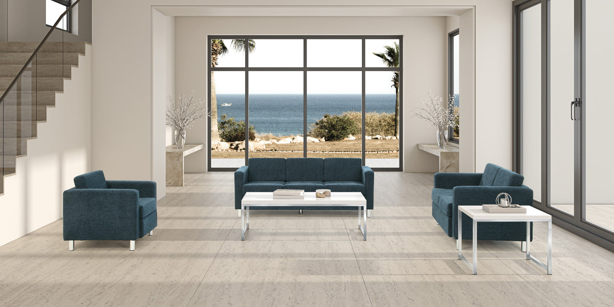 Pacific lounge seating lifestyle roomset in S76 Navy upholstery by OSP