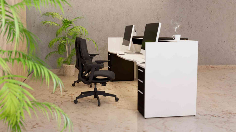Interior view of Corp Design Potenza dual reception desk highlighting integrated storage drawers and workspace organization.