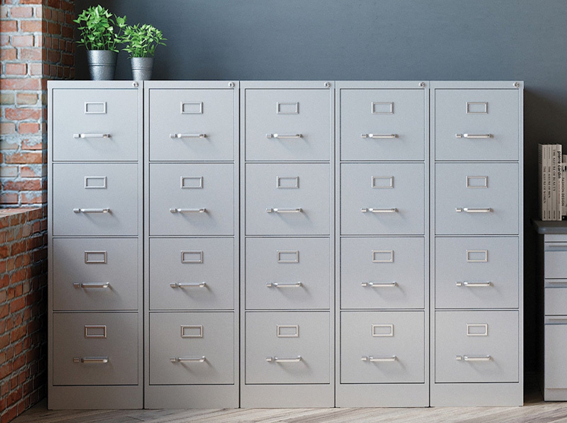 Assorted commercial-grade metal vertical file cabinets for high-density, space-saving document storage in professional offices