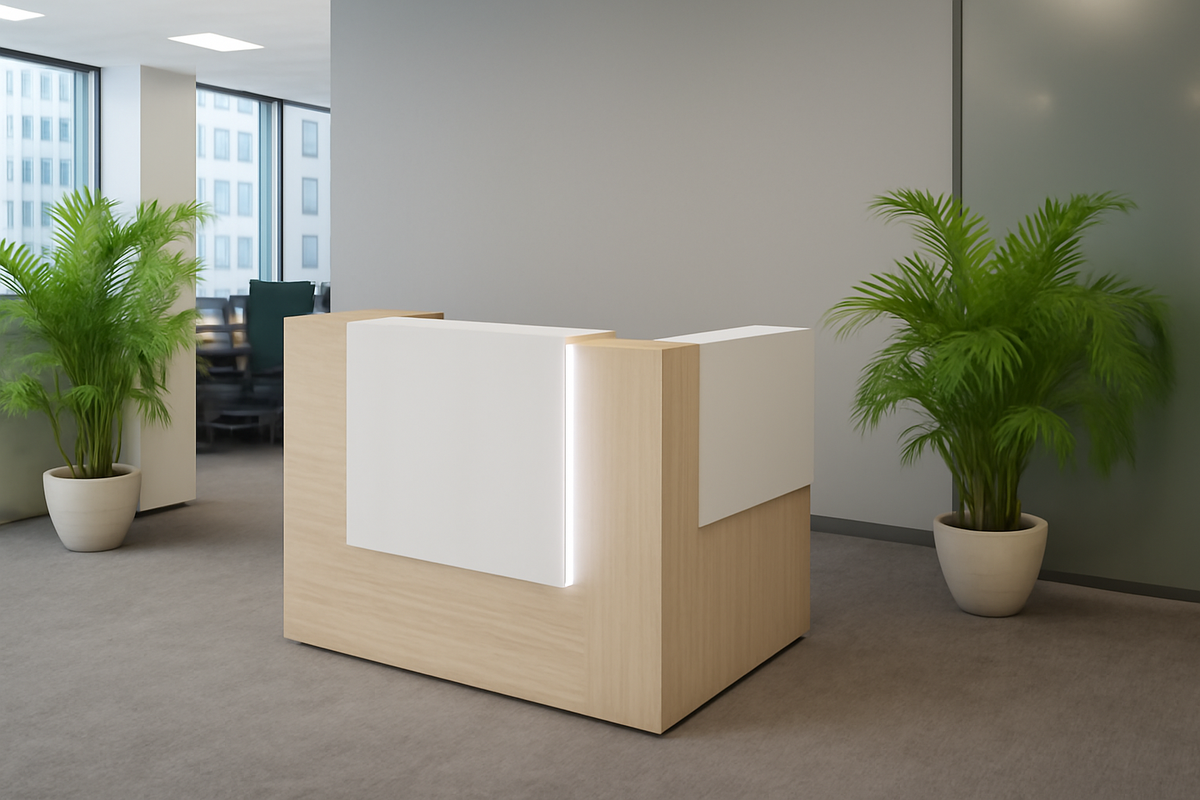 Corp Design Potenza L-Shaped Reception Desk with Glowing LED Transactional Overlay