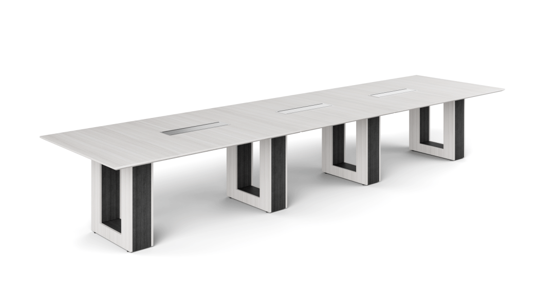 12ft Potenza modern conference table with knife-edge tapered top, halo bases and wire management