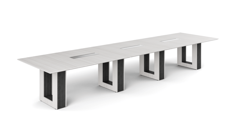12ft Potenza modern conference table with knife-edge tapered top, halo bases and wire management