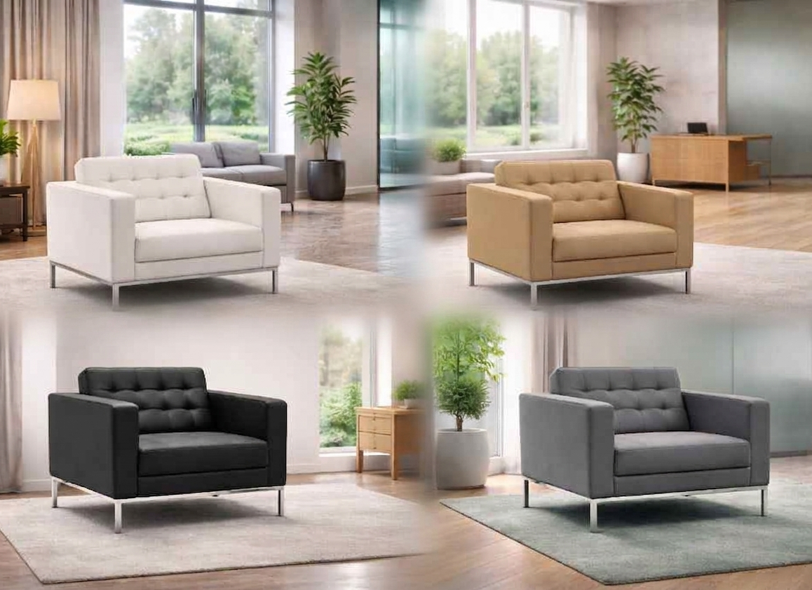 Four modern tufted sofas in white, sand, black, and gray, shown in a refined, upscale modern interior setting