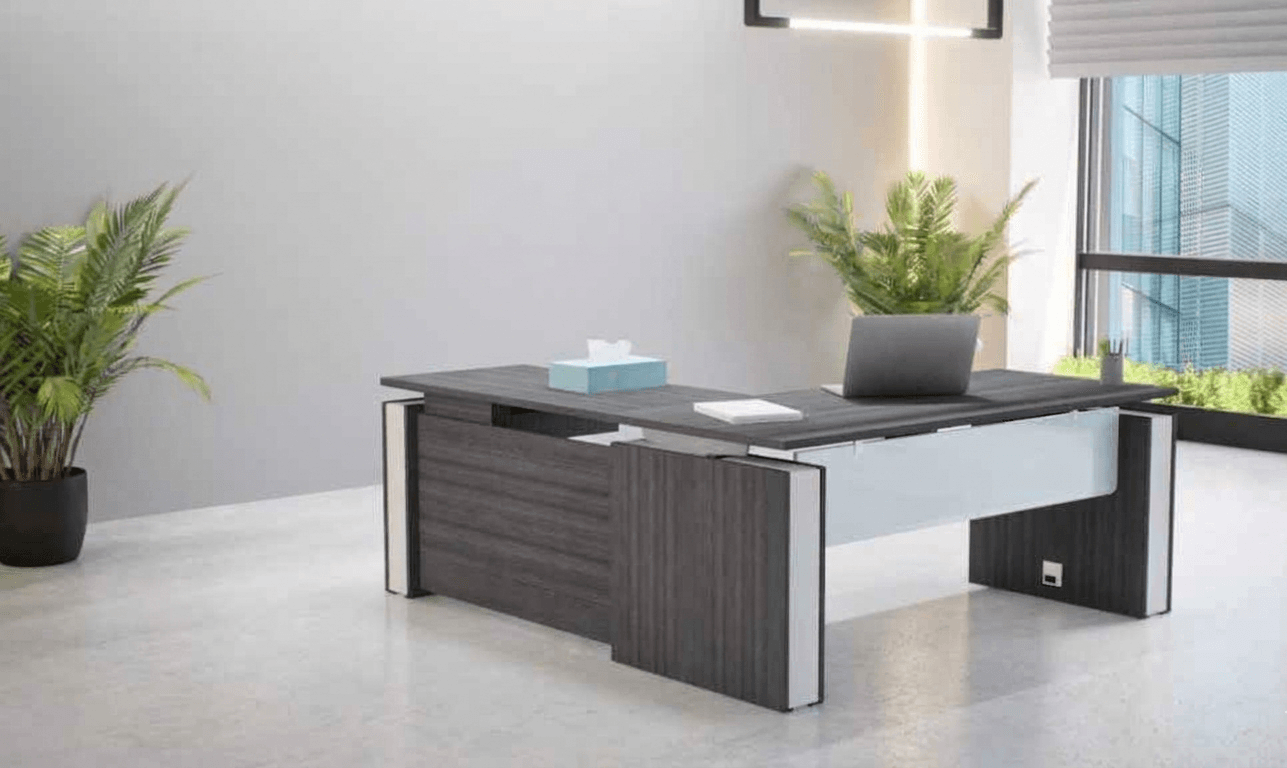 Modern height adjustable L shaped office desk with glass accents