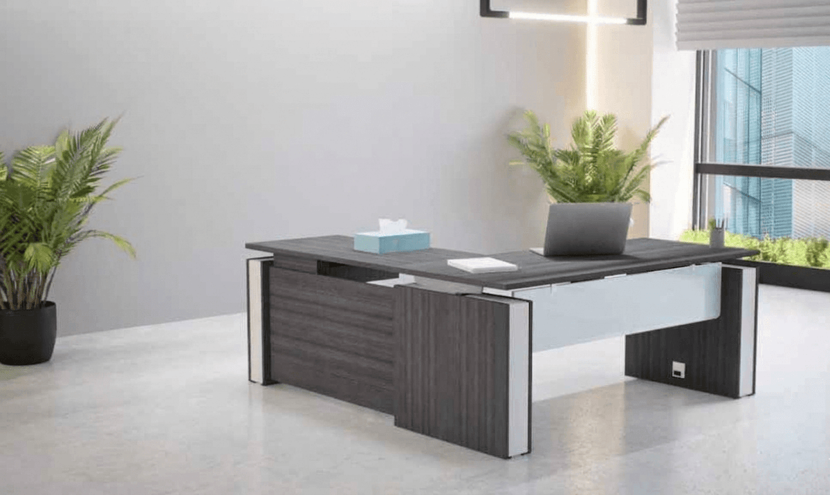 Modern height adjustable L shaped office desk with glass accents