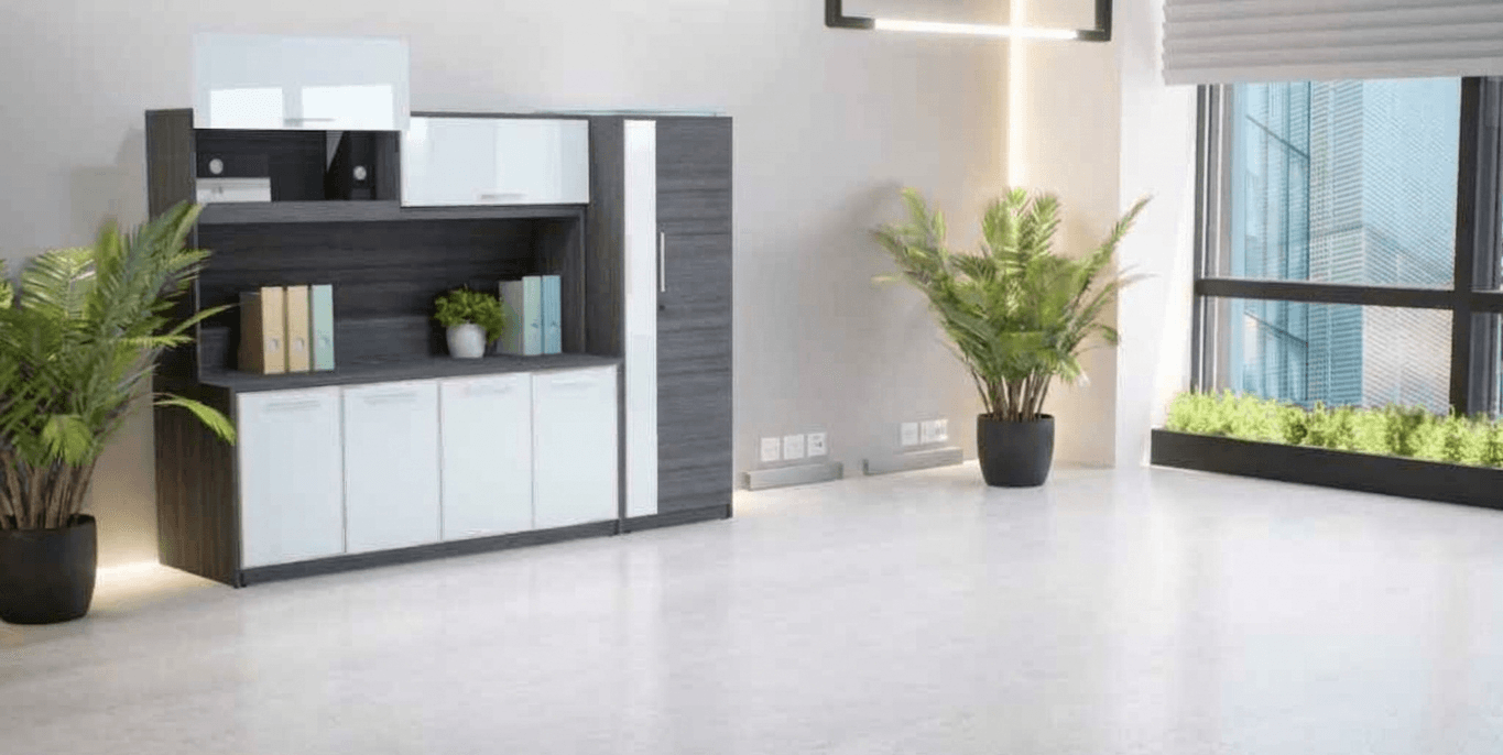 Modern storage wall unit with glass accents