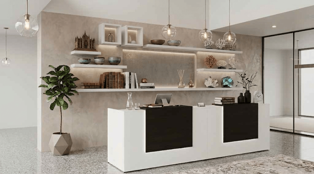 Stylish frontal perspective of the Corp Design Potenza dual reception desk showcasing clean lines and LED accents.