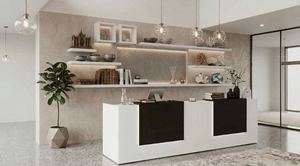Stylish frontal perspective of the Corp Design Potenza dual reception desk showcasing clean lines and LED accents.