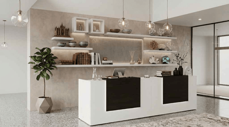 Stylish frontal perspective of the Corp Design Potenza dual reception desk showcasing clean lines and LED accents.