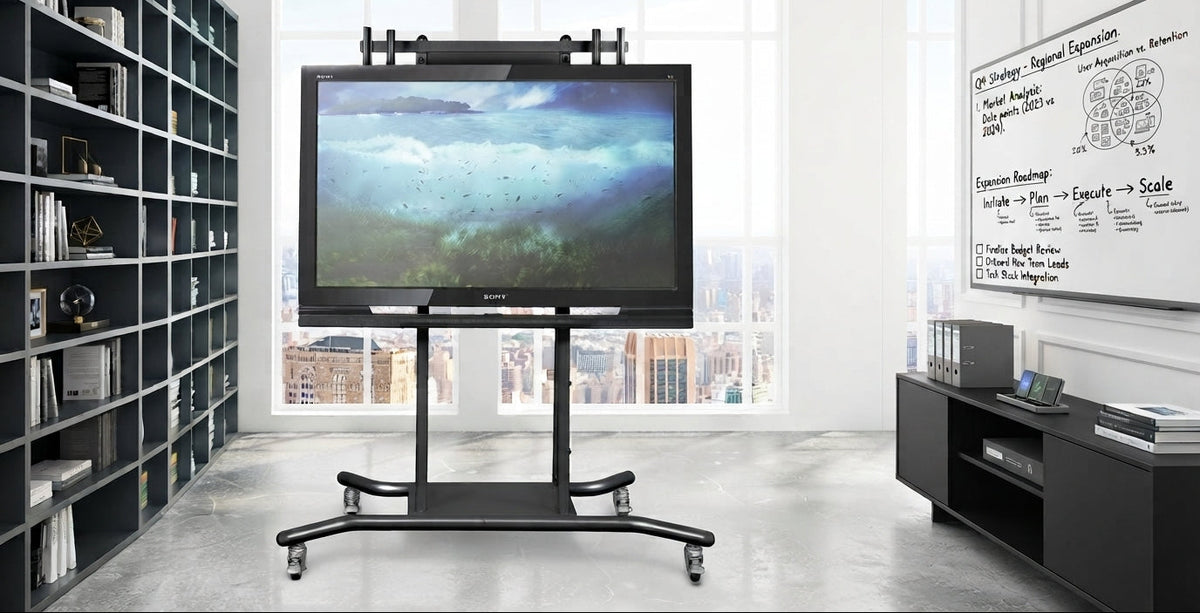 A large flat-screen display on a black wheeled stand in a modern office room 
